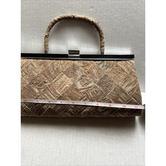 Vintage Metal Framed Clutch Brushed Earth Tone Material Yellow Velvet Lined 1950 - Picture 9 of 9